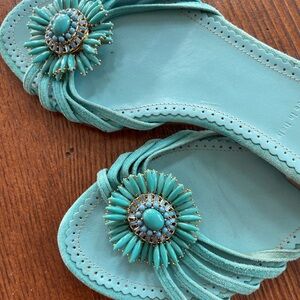 J. Crew Teal Sandals with Braided Straps and Floral Design